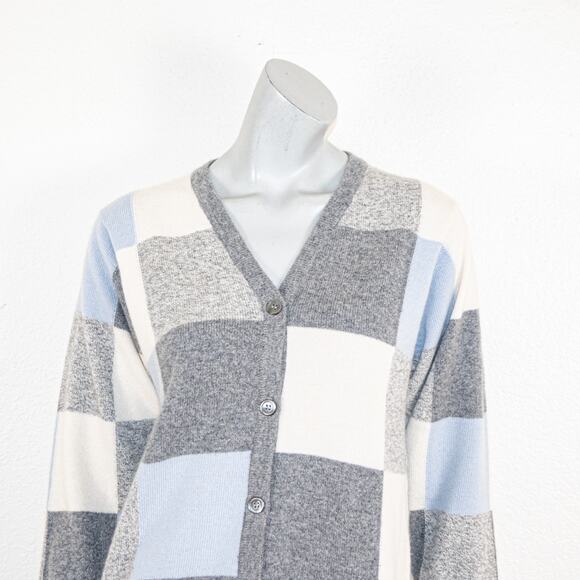 Clan Douglas 100% Cashmere Cardigan Sweater Grey Blue checker size Medium - Picture 8 of 9